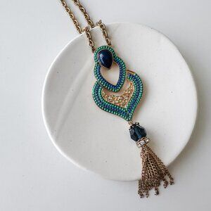 Boho Pendant Necklace with Tassel – Gold, Blue, and Green